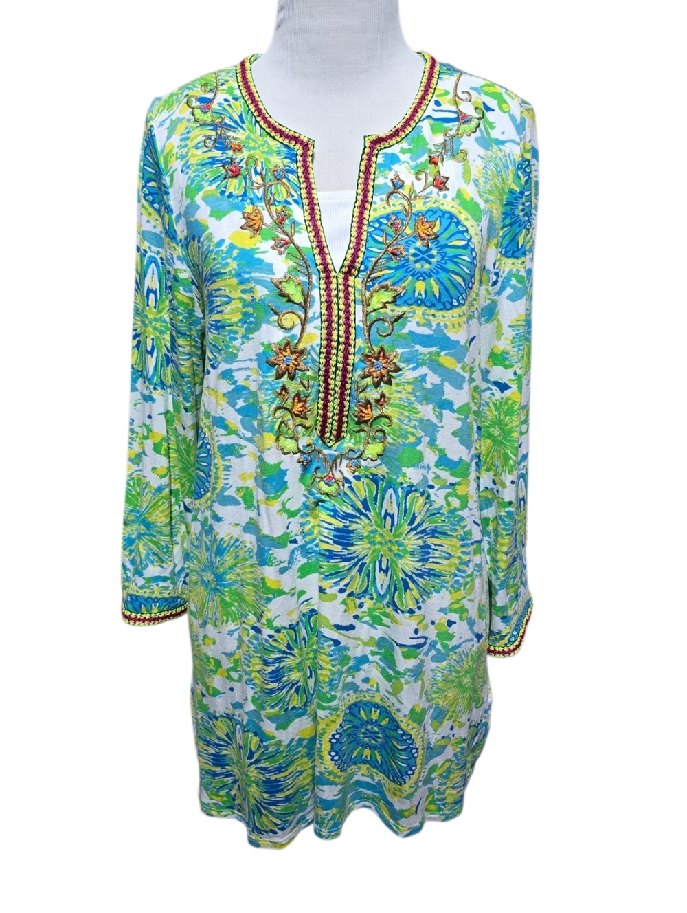 Soft Surroundings Green Blue Yellow Jersey Knit Tunic Top Embroidered Size M